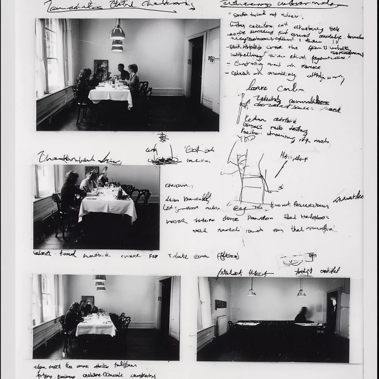 Fashion editorial previsualisation sheet by James Nader showing restaurant compositions and handwritten photography notes