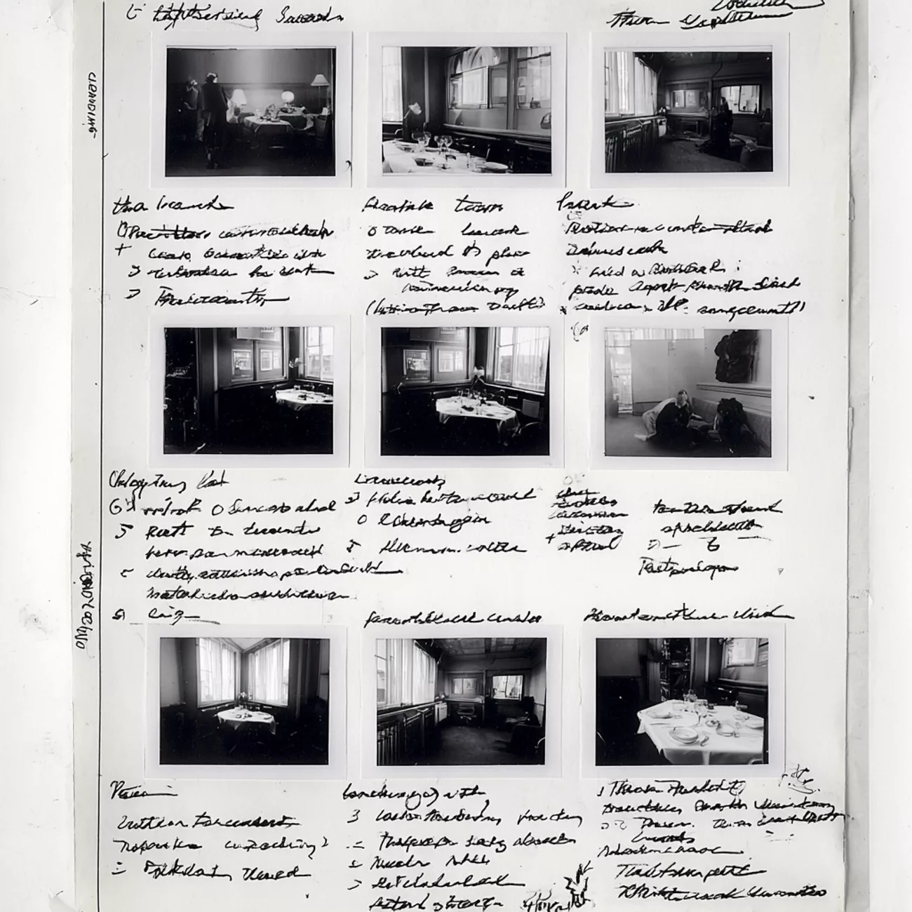 James Nader fashion photography location research sheet showing black and white restaurant Polaroids and handwritten production notes