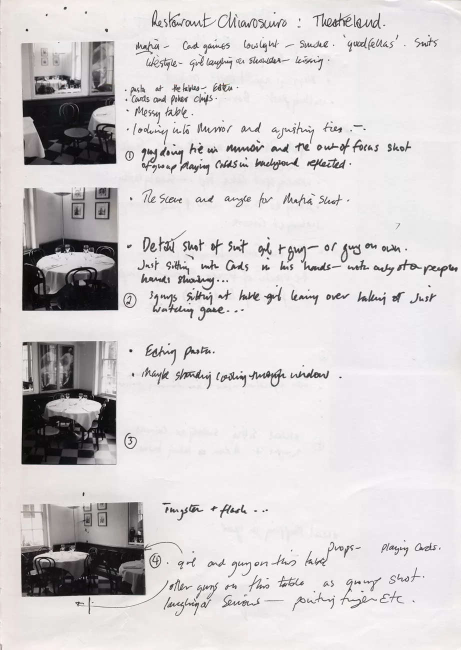 James Nader handwritten fashion photography concept sheet with restaurant location photographs and chiaroscuro lighting ideas