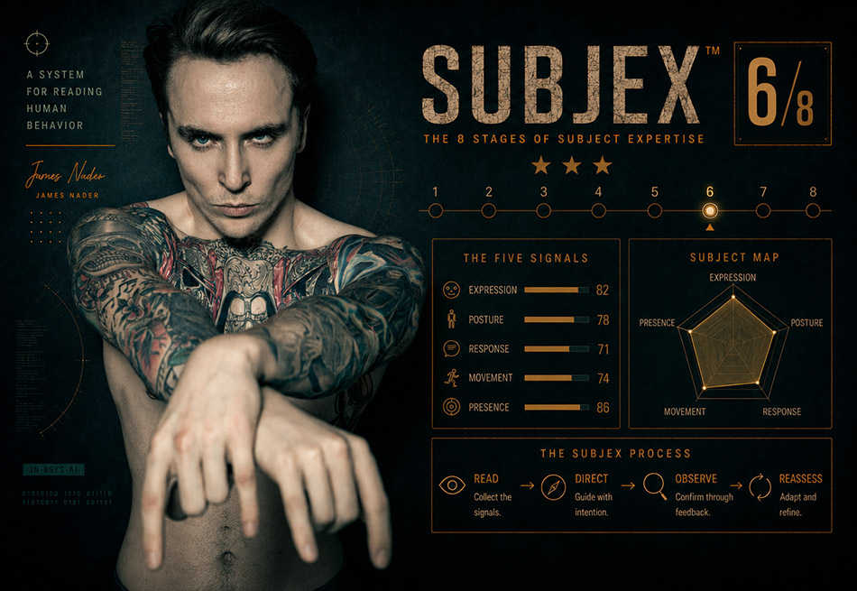 James Nader SUBJEX portrait photography system showing confident subject direction and connection