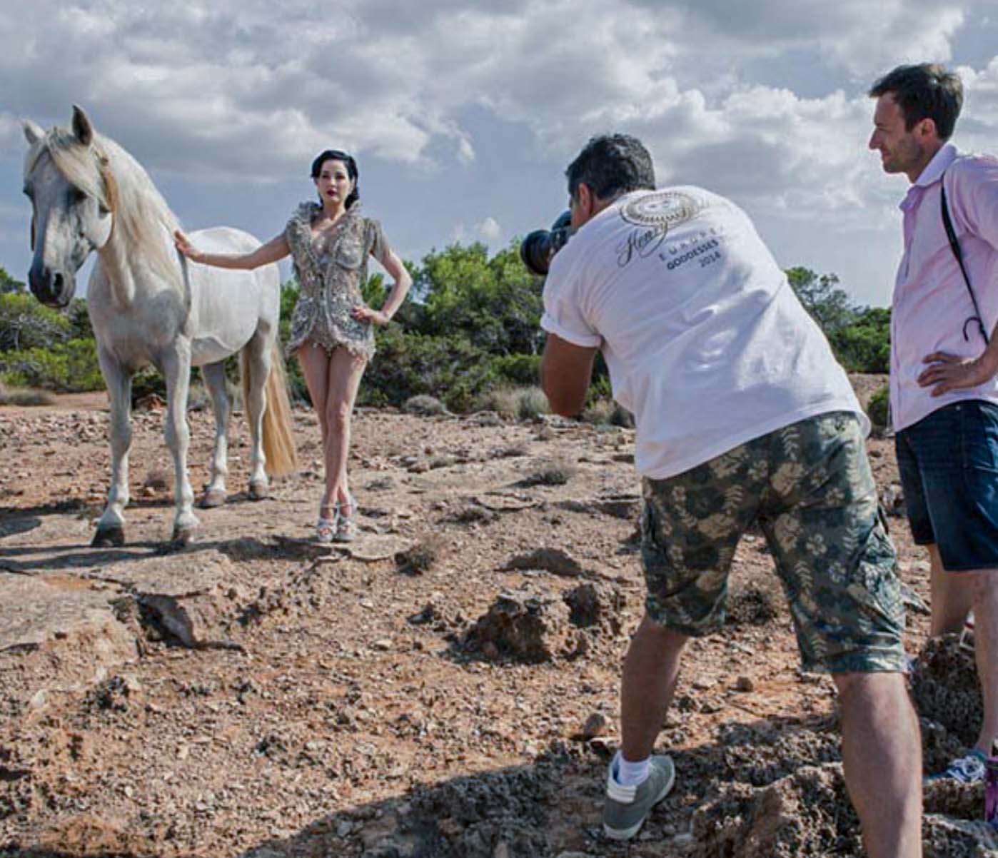 James Nader photographing a fashion campaign with Dita Von Teese on location