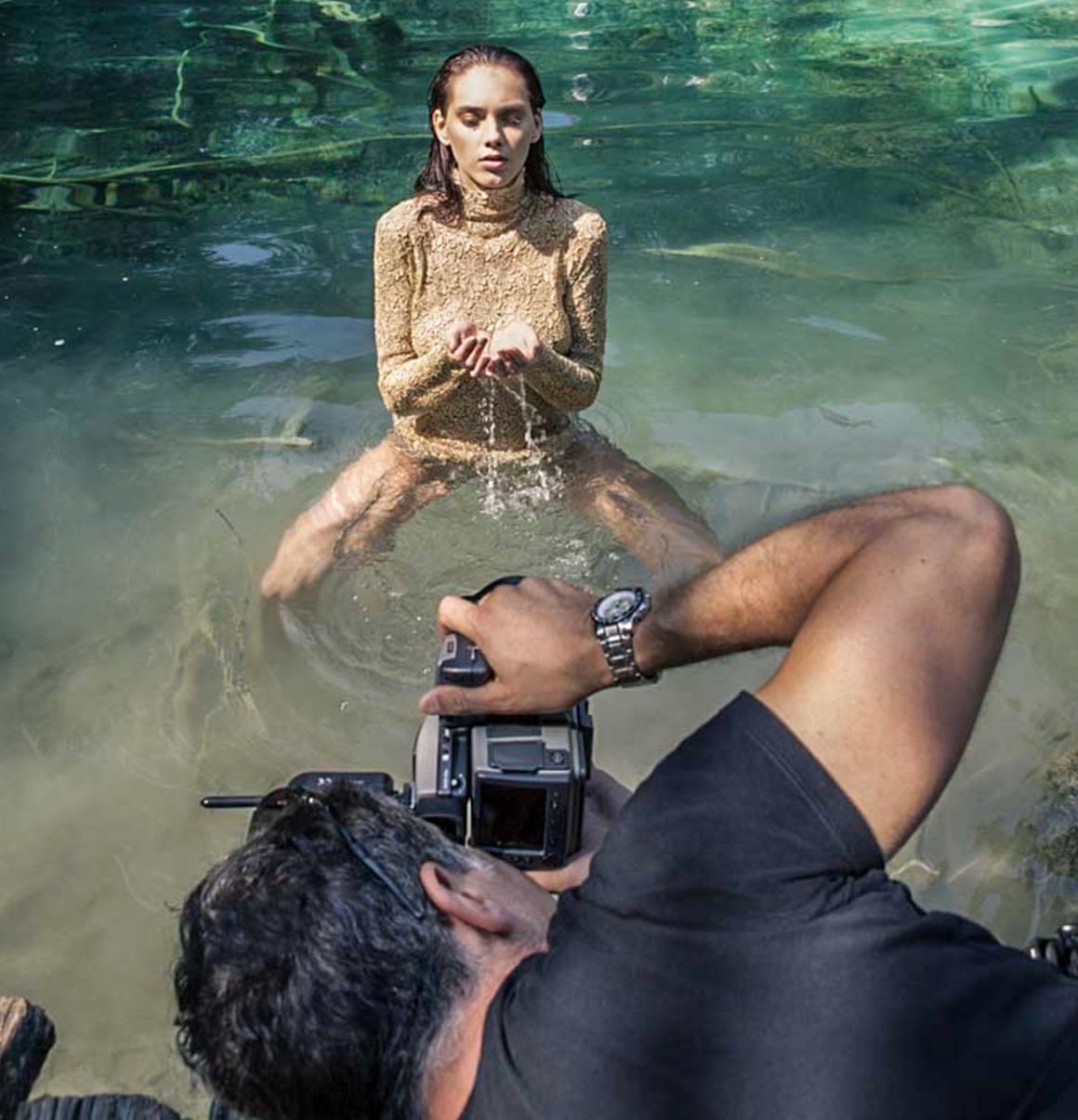 James Nader photographing a fashion model on location