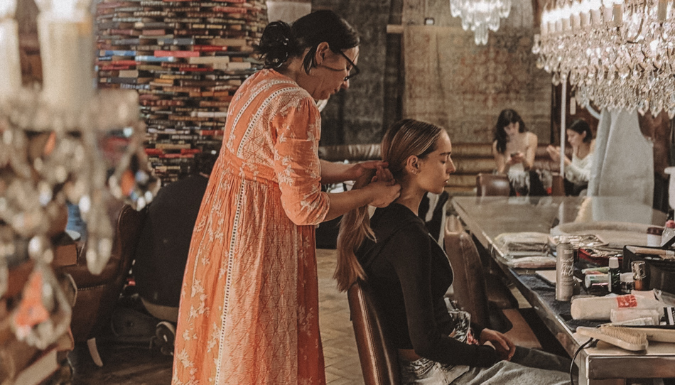 James Nader directing a fashion model during the Lemuria London campaign shoot at Timothy Oulton on King’s Road