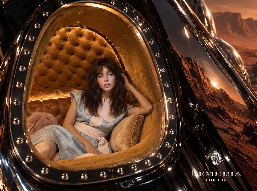 Lemuria London fashion campaign photographed by James Nader inside a reflective Apollo capsule with a Mars-inspired background