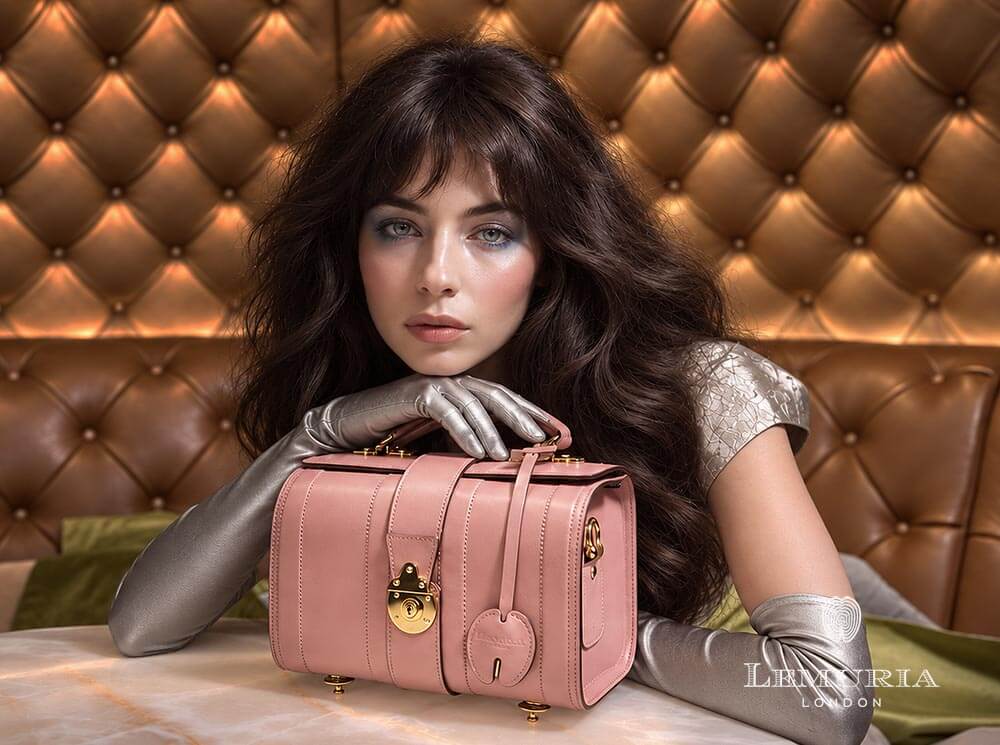 Lemuria London pink luxury bag photographed with fashion model for the King’s Road campaign