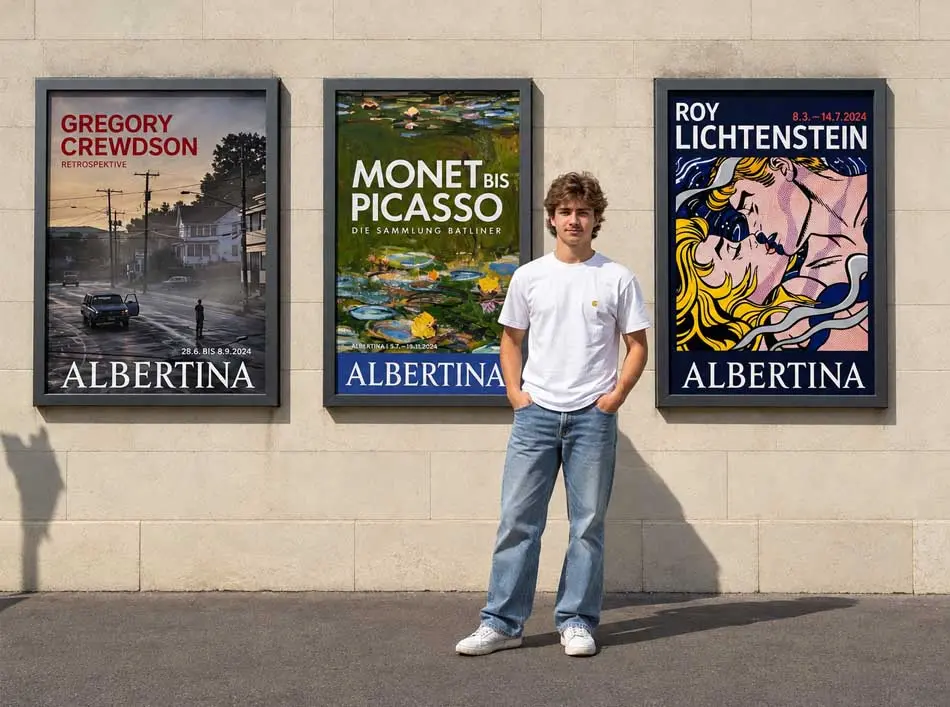 Albertina Museum Vienna with Gregory Crewdson retrospective, Monet and Picasso, and Roy Lichtenstein exhibition posters
